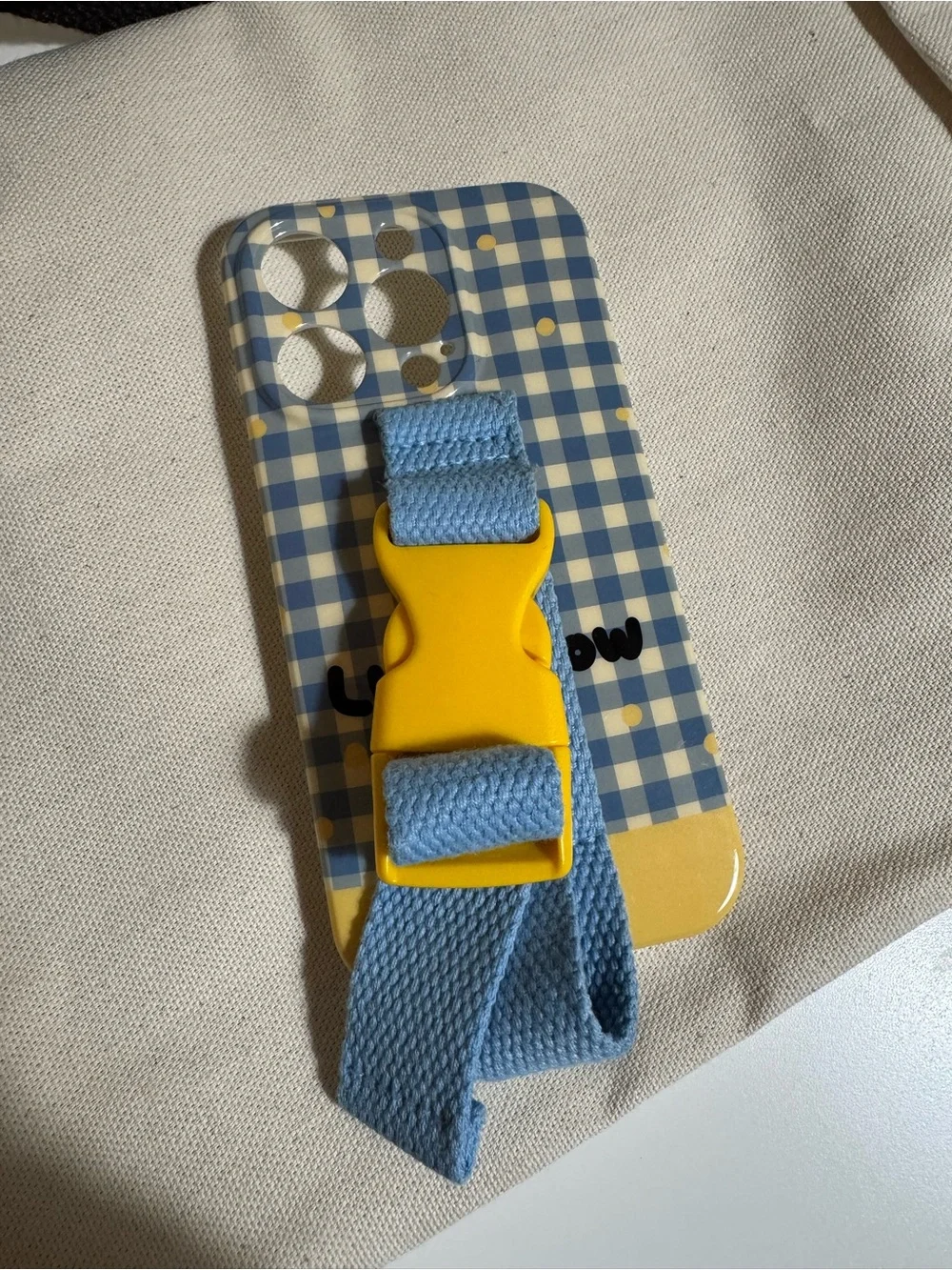 Blue Gingham Phone Case with Yellow Buckle Strap iphone 15 pro